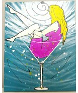 Hold My Cosmo Woman Sitting in Cosmopolitan Glass Painting 16&quot; x 20&quot; Pin... - $28.45