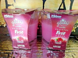 Glade Peaceful Rose &amp; Wood Rhubarb Rose Sandalwood 2 Pink Candles Limited Editio - £13.88 GBP