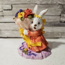 Easter White Bunny Rabbit Figurine Holding Flower Bouquet Roses - $6.92