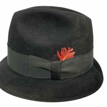 John D Stetson Royal Fur Felt Fedora Hat 7 1/8 Black Ribbon Band Feather... - $71.20