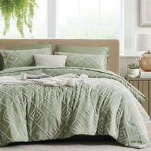Sage Green Tufted King Size Comforter Set 7 Piece Bed In A Bag, Shabby Chic Boho - £80.66 GBP