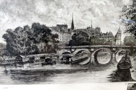 AIME DALLEMAGNE Pencil SIGNED French PARIS Pont Neuf Etching print - $225.25