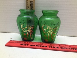 Mid Century Vintage Glass Anchor Hocking Emerald Green + Gold 4” Mini Vase Set 2 - $17.82