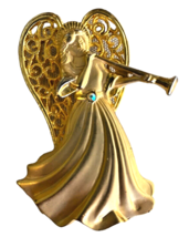Big Christmas Angel Pin Signed JJ Jonette Jewelry Rhinestone Trumpet Gold Metal - £21.79 GBP