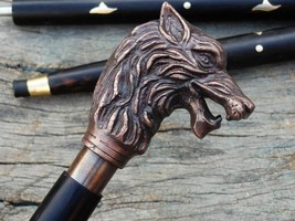 Handmade Walking Stick Wolf Head Antique Brass Handle Wooden Cane Vintag... - $34.60