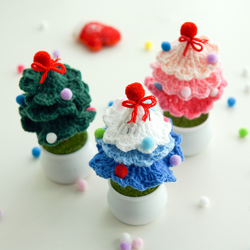 Handwoven three-layer Christmas tree potted plant-desktop wool ornaments - $29.99