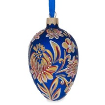 Golden Blue Floral Glass Egg Ornament 4 Inches - £37.95 GBP