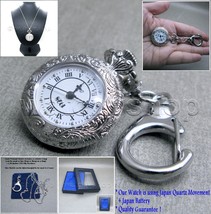 Silver Color Pocket Watch Women Pendant Watch with Key Ring and Necklace L55 - £15.82 GBP