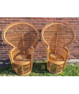 Matched Pair 60s Emmanuel Rattan Peacock Chairs 53&quot; Wicker Tiki Throne/F... - £1,887.39 GBP