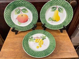 Trio of Italian Salad Plates Hand Painted Fruit Design Green Wicker Patt... - £30.91 GBP