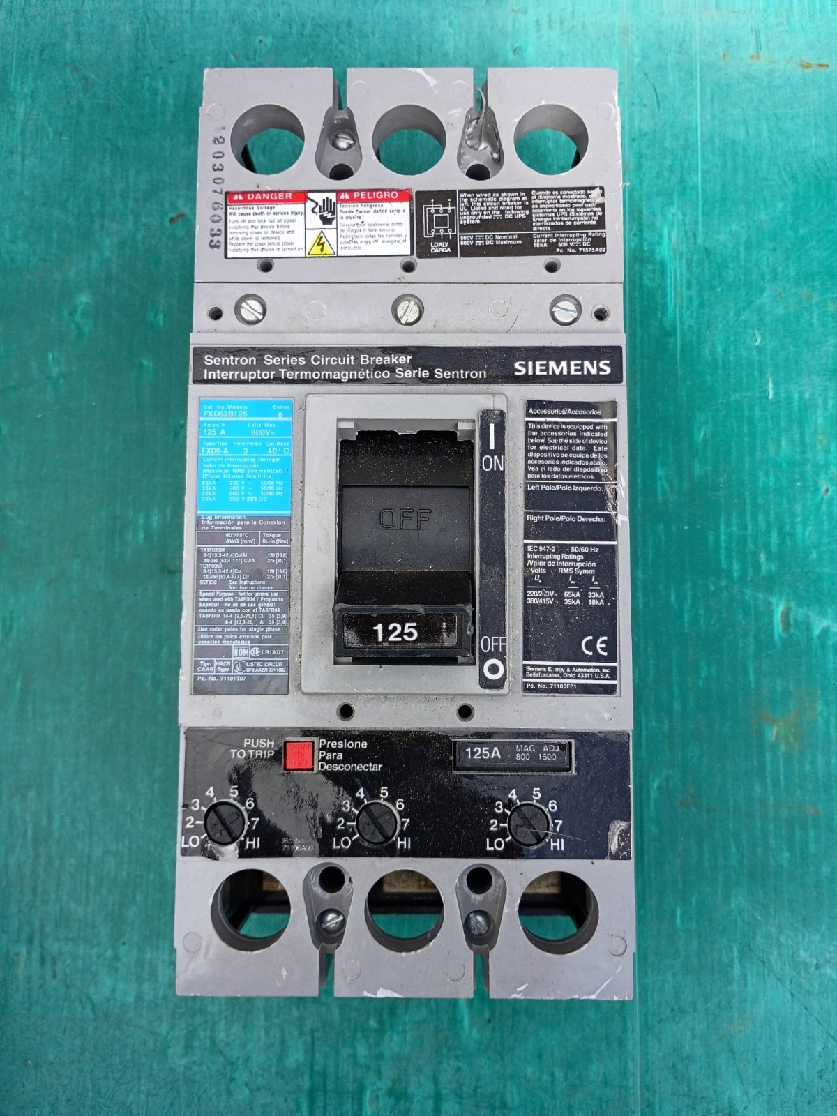 Siemens FXD63B125 125 Amp 600V 3 Pole Circuit Breaker  - $242.55