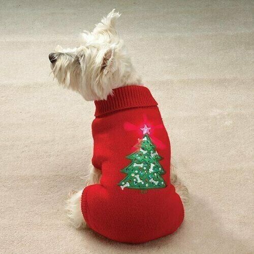 Casual Canine Twinkling Star Holiday Sweater Red w/Christmas Tree Blinking Light - £10.35 GBP