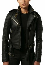 Women Black Leather Jacket Biker Motorcycle Lambskin Quilted Size S M L ... - $69.29+