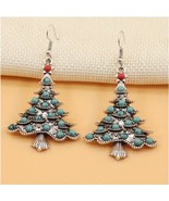 Silver Boho Chic Christmas Tree Turquoise Inlaid Holiday Dangle Earrings... - $40.70 CAD