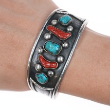 6 3/8&quot; vintage Native American silver, turquoise, and coral cuff bracelet with - £225.25 GBP