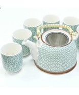 Green Mosaic Design Ceramic Teapot / Strainer / 6 Matching Cup Set - $45.06 CAD
