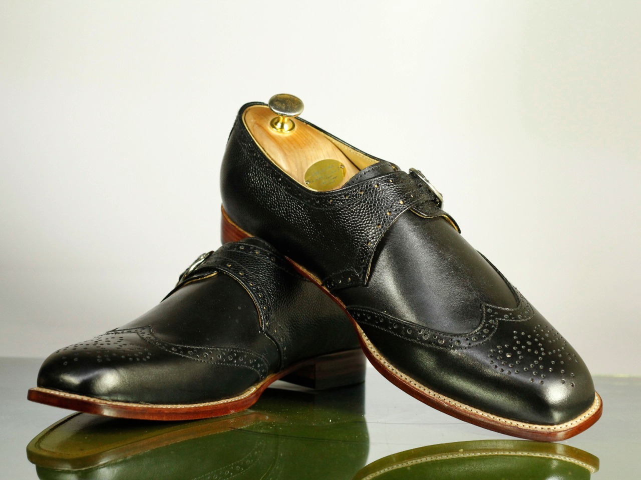 Handmade Men's Black WingTip Brogue Leather Monk Strap Shoes, Men Designer Shoes