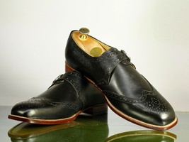 Handmade Men&#39;s Black WingTip Brogue Leather Monk Strap Shoes, Men Designer Shoes - £116.61 GBP+