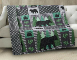 Reversible Soft Quilted Mountain Whispers Bear Cub Pine Tree Throw Blanket 50x60