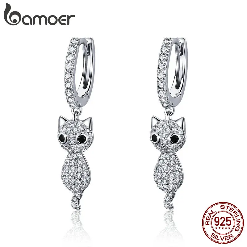 925 Sterling Silver Cute Cat Crystal Pussy Dazzling Cubic Zircon Drop Earrings f - £21.02 GBP