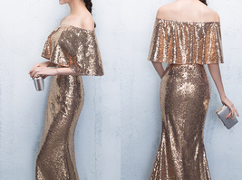 Off Shoulder Gold Sequin Dresses Women Plus Size Long Maxi Sequined Evening Gown image 2