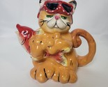 Tabby Cat 1897 Catching Fish 3D Figural Ceramic Teapot Blue Sky Heather ... - £23.29 GBP