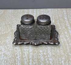 Vintage Glass and Silver Plated Salt &amp; Pepper Shaker Set with Matching Tray - £7.44 GBP