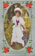 Vintage Postcard Lonesome Woman Silver Border Roses 1914 - £6.10 GBP