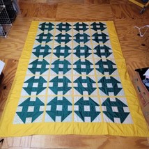 Yellow Green White Patchwork Quilt Granny Quilt Used Good Shape 85&quot; X 65&quot; - $59.35