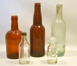 Lot of 5 Antique and Vintage Glass Bottles Clear, Amber Beer And Medicine - $14.82