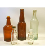 Lot of 5 Antique and Vintage Glass Bottles Clear, Amber Beer And Medicine - £11.84 GBP