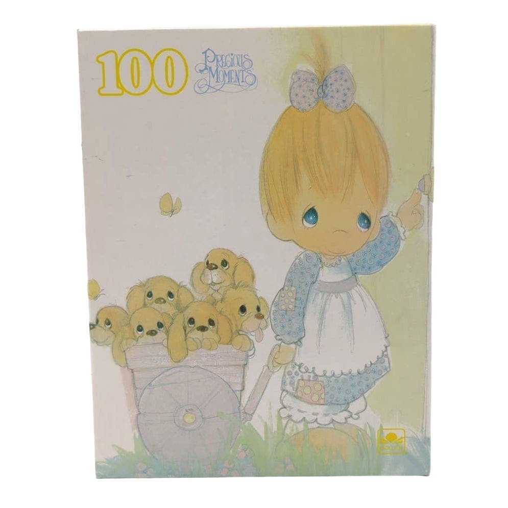 Golden Precious Moments Girl w Puppies 100 Pc Puzzle 1990 11.5x15" New Sealed - $12.86