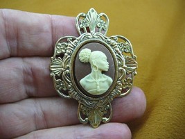 (CA10-116) RARE African American LADY brown + ivory CAMEO floral Pin Pendant - £21.58 GBP