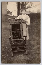 RPPC Darling Young Lady Striped Dress With Chair In Yard Postcard Q27 - £5.53 GBP