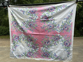Vintage Pink Purple Blue Floral Tablecloth Cutter 52x44&quot; mid-century cottagecore - £12.45 GBP