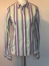 EUC ROBERT GRAHAM Button Front Purple Green Striped Cuffed Shirt SZ 6 - £30.50 GBP