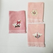 3 Applique Fingertip Towel Vintage Fringe Pink Small Cotton Towels Gold ... - £7.92 GBP