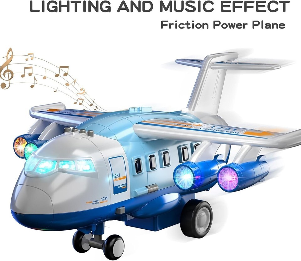 2-in-1 Kids Airplane Toy with 12 Construction Vehicles & Playmat - Blue Item image 4