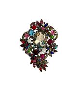 Vintage Style Multicolor Rhinestone Statement Brooch Large 3x2 Floral Scroll Pin - $18.00