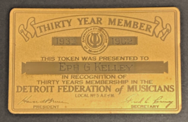 Vintage DETROIT FEDERATION MUSICIANS 30-Year Member Token Tag E.KELLEY 1962 - €12,99 EUR