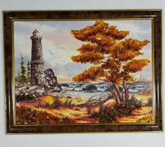 Pebble Art Lighthouse Painting Framed Landscape Ocean Wall Hanging Gravel 18x14 - £12.05 GBP