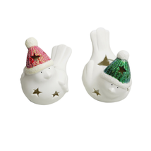 Christmas Winter Bird Candle Holders Ceramic 2 Piece Set Red &amp; Green Gli... - £11.66 GBP