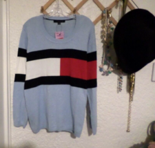 NWT TOMMY HILFIGER Cotton Flag Logo Scoop Neck Sweater Size L Light Blue - $34.65