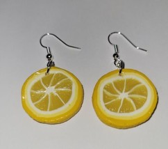 Lemon Slice Earrings Silver Wire Citrus Fruit Slice Textured - £6.83 GBP
