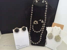 4 Piece Black Jewelry, 2 x Pairs Earrings, 1 x Bracelet, 1 x Necklace(97... - $12.99