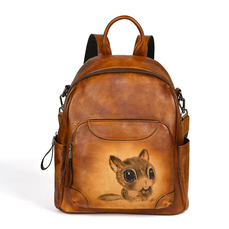   Cowhide Large Capacity Backpack For Women&#39;s Retro  Leather Handbag Animal Prin - £86.06 GBP