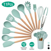 11Pcs Silicone Cooking Utensil Set Heat Resist Wooden Handle Silicone Spatula Tu - £41.86 GBP