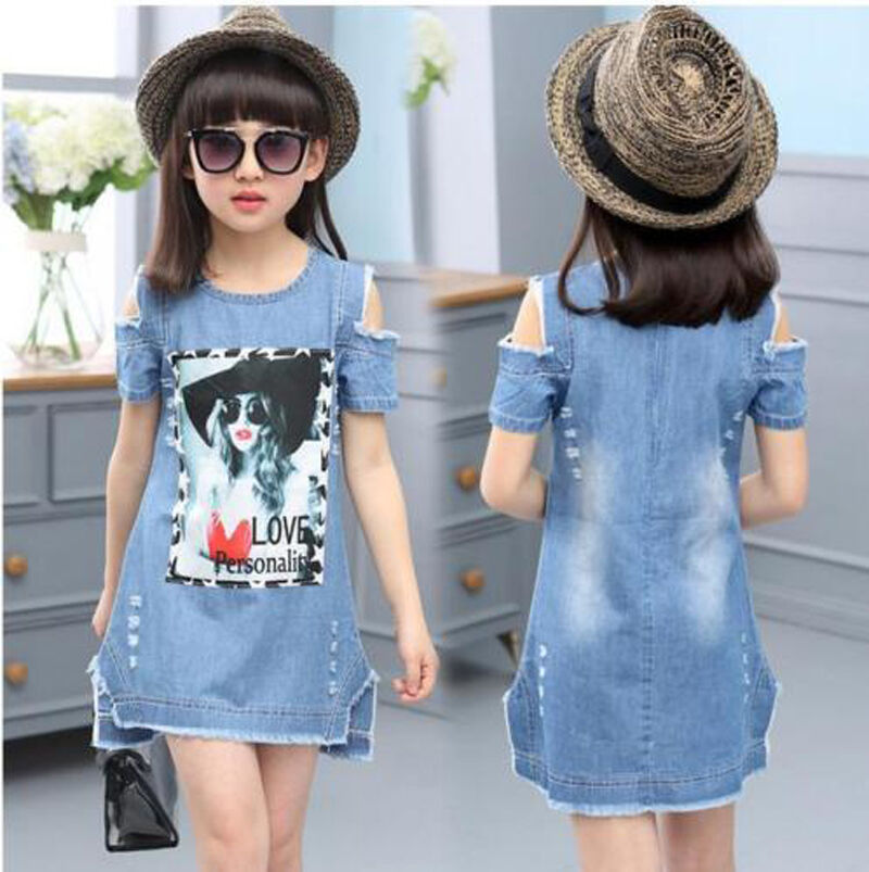Primary image for Kids Baby Girls Clothing Short Sleeve Denim Dew Shouder Dress Top Grade 5-9Years
