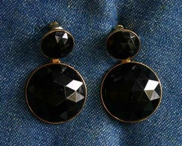 Black Faceted Acrylic Gold-tone Drop Pierced Earrings 1990s vintage 1 1/4&quot; - £10.14 GBP