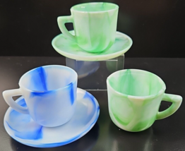 5 Pc Akro Agate Green Blue Child Demitasse Cups Saucers Set Vintage Dish MCM Lot - $56.30